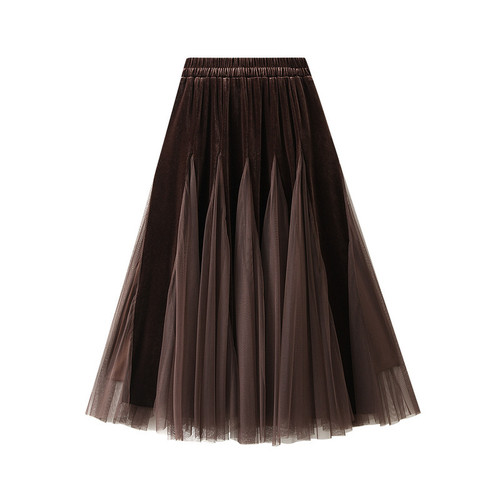 2025 Autumn Winter Velvet Mesh Patchwork Midi Skirts Women Korean Style Casual High Waist Elegant Long Skirts