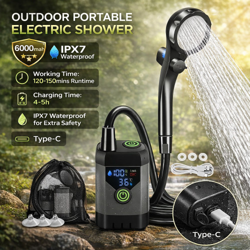 Portable Camping Shower Equipment, 6000mAh Rechargeable, LED Display Screen, Outdoor Simple Electric Mobile Shower Set