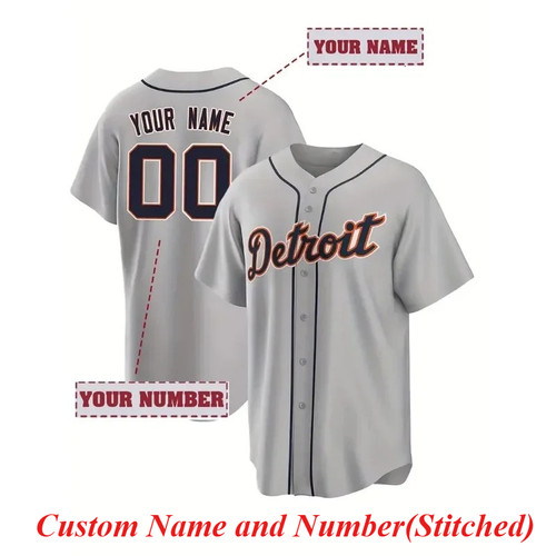Customized Name And Number Men's Embroidery Baseball Jersey Detroit Grey V-Neck Personalized Short Sleeve Button Down DIY Shirts
