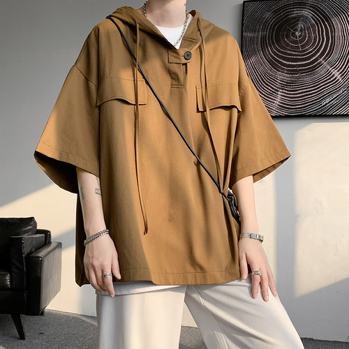 2026 Summer Men Hooded Shirt Korean Half Sleeve Pullover Streetwear Hip Hop Loose Shirt Tops Drawstring Men Clothing M-5XL
