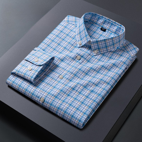 New in Shirt 100%Cotton Oxford Long Sleeve Shirts for Men Casual Plaid Tops Slim Fit Soft Designer Striped Clothes