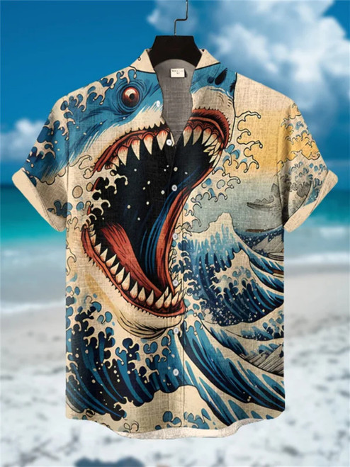 Summer Fashion Stand Up Collar Linen Shirt, Shark Print Short Sleeved Cardigan, Hawaiian Beach Casual Vacation Clothing