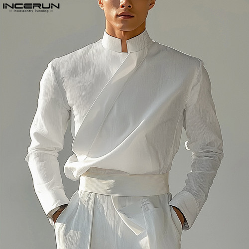 INCERUN Tops 2025 American Style Fashion New Men's Solid Simple Shirt Casual Streetwear Male All-match Long Sleeved Blouse S-5XL