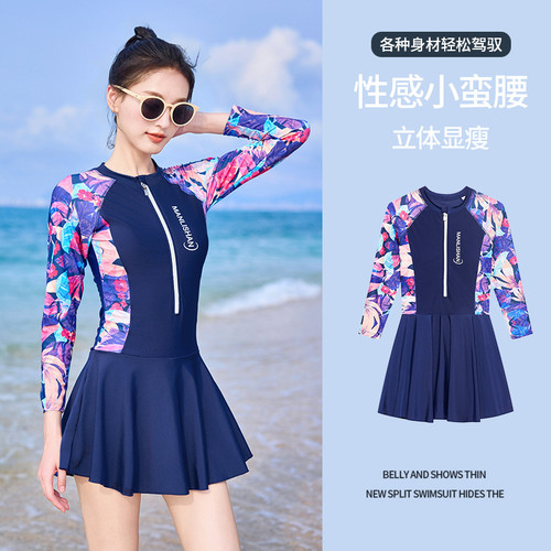 New Long-Sleeved Swimsuit for Women, Sun Protection, 2025 One-Piece Body-Covering, Slimming Look, High-End Swimsuit, Hotel Hot Spring Swimsuit