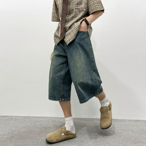 Summer Men's New Casual Jeans Shorts Loose Korean Mid High Waist Fashion Knee Lenght Denim Short Pants Male Casual Daily Shorts