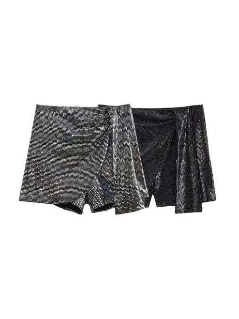 Women's Knotted Sequin Shorts Skirts, High Waist, Side Zipper, Female Skort,Fashion
