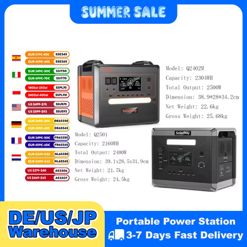 SOLARPLAY Q2501 Q2402M Portable Power Station 2160WH 2304WH LiFePO4 Battery with 2400W/2500W (4800W Peak) Solar Generator
