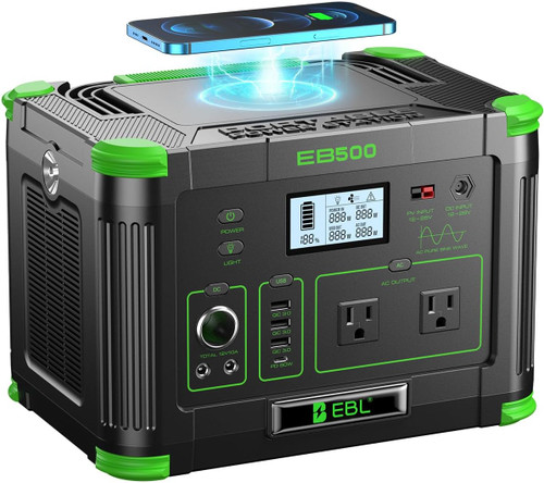 500W Portable Power Station (1000W Peak), 2x 110V AC Outlets & 60W USB-C PD, 10-Output Portable Power Bank with Wireless Charger