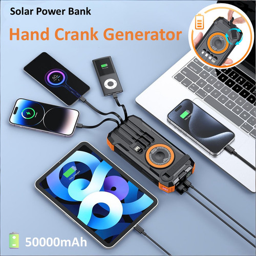 Portable Hand Crank Power Bank 50000mAh, Solar Power Bank Built in Charging Cable, Outdoor Emergency Charger,Dual LED Flashlight