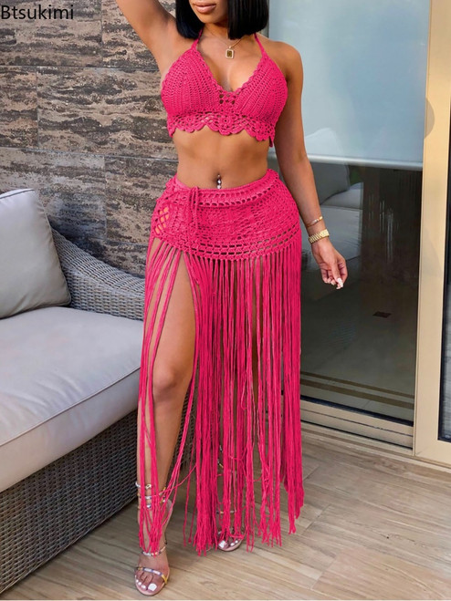 New Women's Two Pieces Swimsuits Beach Style Knitted Bikini Tops High Waist Tassel Long Skirts Female Sexy Cover Up Bikini Sets