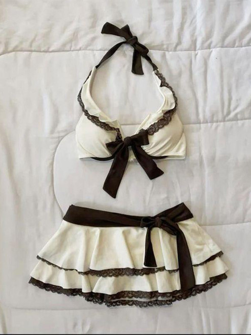 Summer Beige Lace Trim Bow Halter Skirted Bikini Set Beach Pool Vacation Cute Sweet Slim Y2K New Trendy Women's Swimsuit