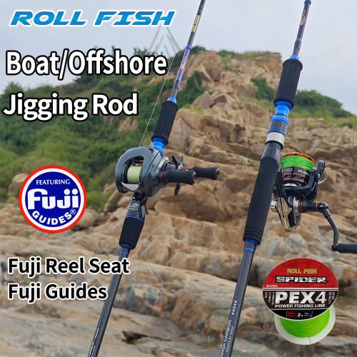 ROLLFISH Fast Action Carbon Fiber Saltwater Jigging Rod Best for Offshore Tuna Fuji Guides and Reel Seat + 100m PE Line