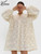 Oymimi Fashion Apricot Lace Women's Dress Elegant Loose Ruffled Neck Long Sleeve Dresses Summer Single Breasted Mini Dresses