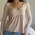 Coquette Vintage Milkmaid Pullovers Tees Cute Y2K Ribbed Babydoll Long Sleeve Top Preppy Frill Trim V Neck T-shirt Fall Clothes