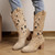 2024 Women's Summer Retro Round Toe Chunky Heels Vegan Suede Western Boots with Hollow Design and Rivets Cowboy Boots Shoes