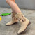 2024 Women's Summer Retro Round Toe Chunky Heels Vegan Suede Western Boots with Hollow Design and Rivets Cowboy Boots Shoes