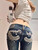 Summer Y2k Fashion Retro Punk Low Waist Skinny Flare Pants Casual Embroidery Women Jeans Blue Wings Embroidery Slim Fit Pants