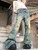 2023 Y2K Fashion Graphic Print Vintage Blue Baggy Flare Jeans Pants For Women Clothing Straight Old Lady Gothic Denim Trousers