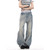 Women's American Retro Waed Striped Hole Denim Jeans Summer Loose High Street Micro Flared Cleanfit Casual Long Pants