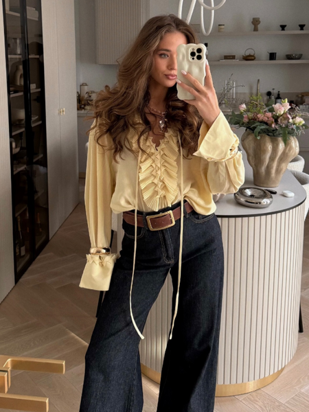Women Solid Chiffon Ruffle Yellow Blouse Sheer V-neck Lace Up Full Flared Sleeve Shirts 2026 Summer Lady Fashion Loose Top New
