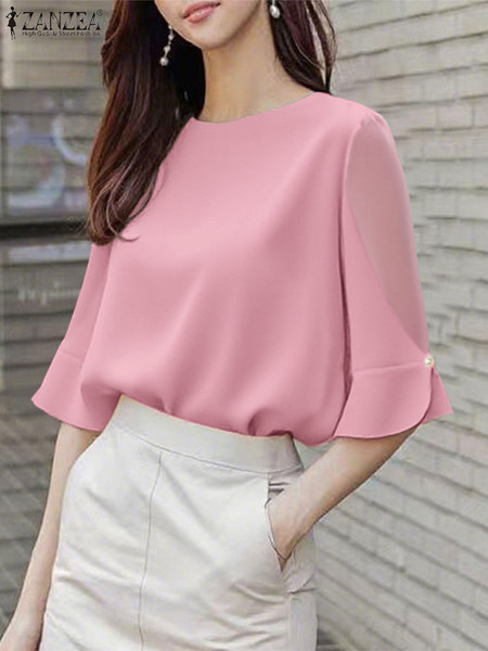 ZANZEA Women Elegant OL Blouse Office Lady Shirts 2025 Fashion Summer Tunic Tops 3/4 Sleeve Casual Solid Color Chiffon Blusas