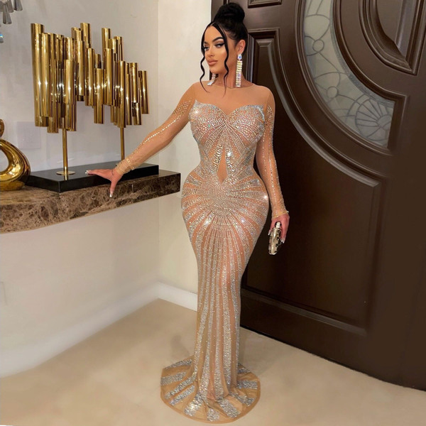 Summer Trending Elegant Club Evening Gown for Women Ladies Rhinestone Waistline Dress Diamond Club Dresses Plus Size