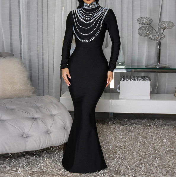 Women High Slit Dresses Diamonds Shiny Sequins Evening Dress Sexy Long Sleeve Mermaid Maxi Cocktail Party Prom Dresses XSY013