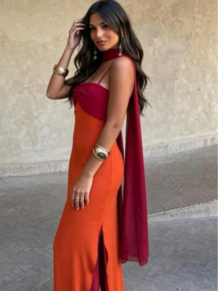 Orange Maxi Dress Twist Front Halter Neck Chiffon Slit 2026 Summer Elegant Bohemian Wedding Guest Party Vacation Women Vestido