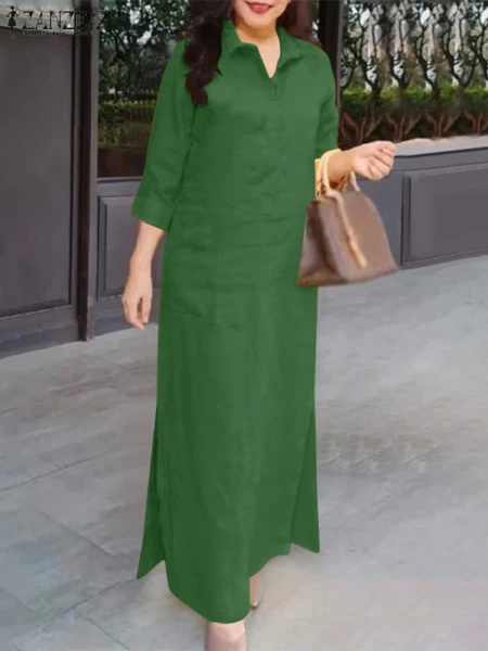 2025 ZANZEA Autumn Dress Plus Size Women Long Shirt Dress Vintage Lapel Neck 3/4 Sleeve Holiday Work Sundress Robe Femme Kaftan