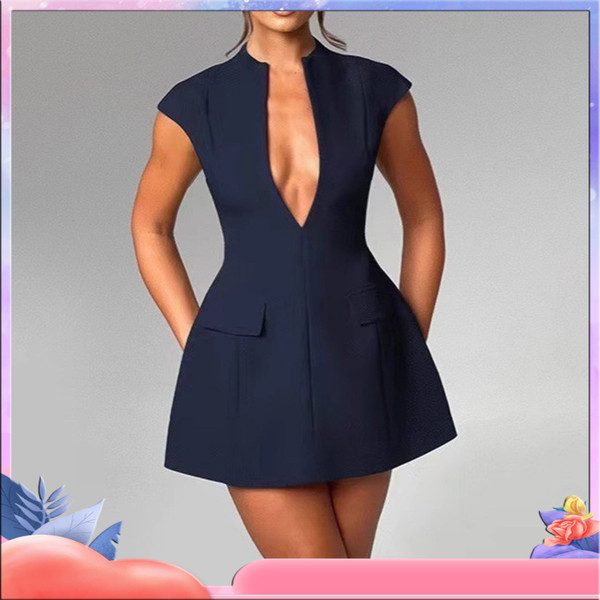 Temperament Solid Color Sleeveless Dress Female Fashion Sexy V-Neck Slim A-Line Skirt Spring And Summer New Women'S Clothing