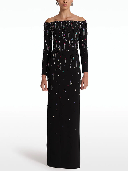 TOP QUALITY Newest 2026 Designer Fashion Women's Slash Neck Off The Shoulders Beaded Long Maxi Dress