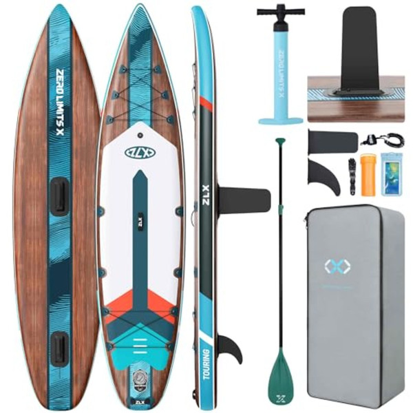 Touring SUP for long-distance use extra wide inflatable paddle board in blue durable PVC material stable center fin and fast-tr