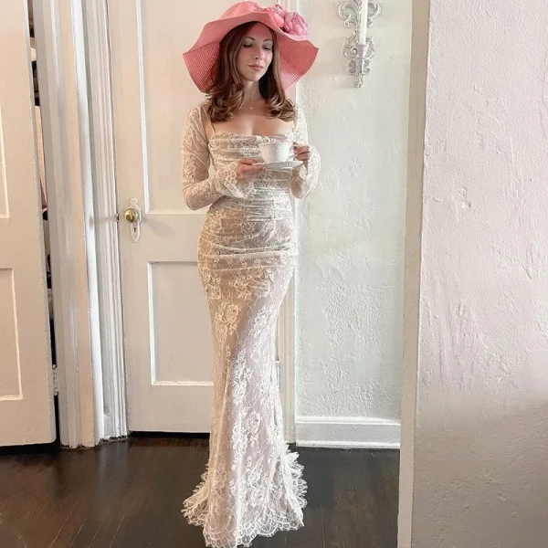 Customizable Sexy Lace Side Square-neck Dress Autumn Elegant Women Slim Evening Party Dresses LYQ501092
