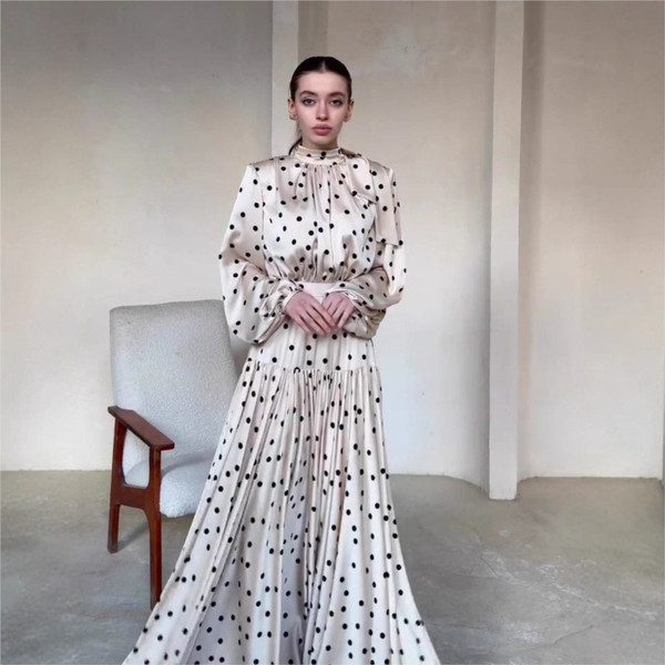 2026 Spring Autumn Casual White Polka Dot Dress Women's Elegant Loose Satin Long Sleeve Midi Dress