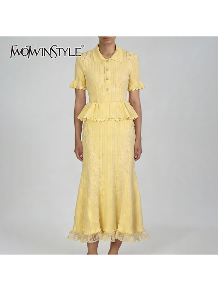 TWOTWINSTYLE Solid Spliced Lace Elegant Long Dresses for Women Lapel Short Sleeves Patchwork Ruffles Basics Dress Female Clothes