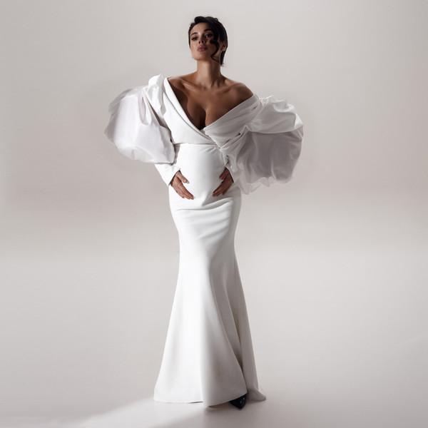 Elegant White Mermaid Maternity Dress Photoshoot Off Shoulder Puffy Sleeve Stretchy Maternity Dresses Pregnancy Gown Baby Shower