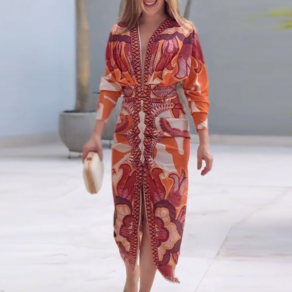 Elegant Women Retro Print V-Neck Long Dress Fashion Lady Long Sleeve Party Dress Summer 2025 Open Slit Temperament Office Dress