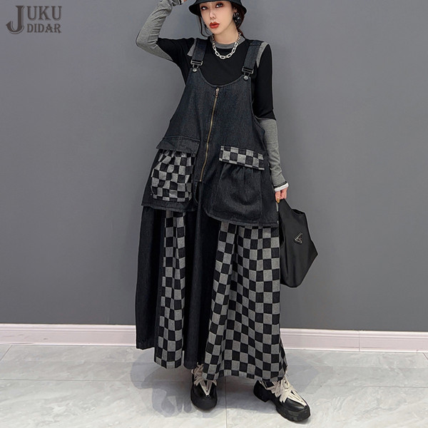New 2023 Autumn Korean Style Woman Black Plaids Sleeveless Denim Dress Big Pocket Casual Loose Fit Chic Long Jean Robe  JJXD606
