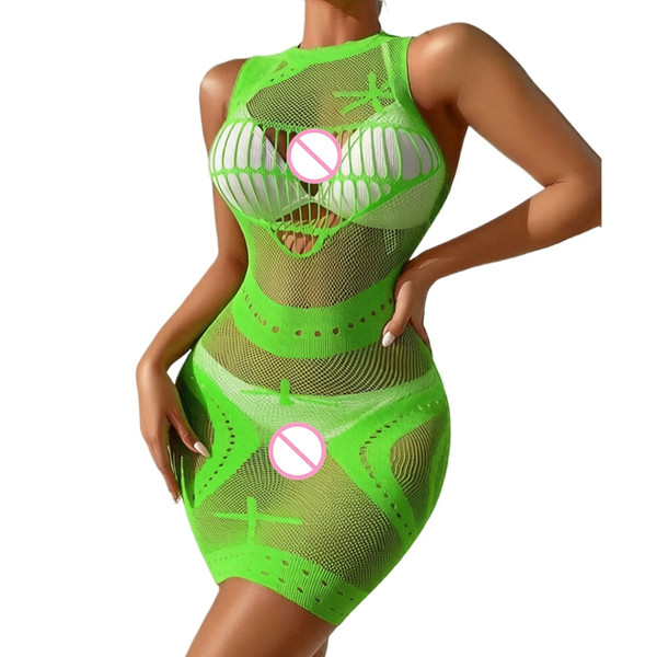 Green Color Female Nightdress Fishing Net See Through Hollow Short Skirt Ladies Erotic Bodycon Dress Evening Night Party Wear