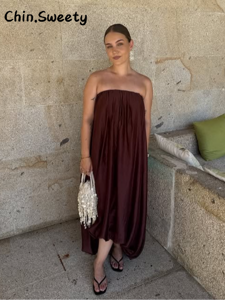 Elegant Long Sling Pleated Bud Dress Women Solid Strapless Sleeveless Straight Dresses 2025 Summer Autumn Lady High Street Robes