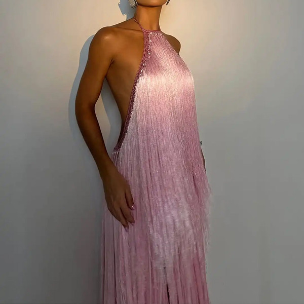 Elegant Temperament Sleeveless Hollow Out Long Dress Tassel Solid Women's Birthday Dress 2026 New Slim Fit Backless Party Dress