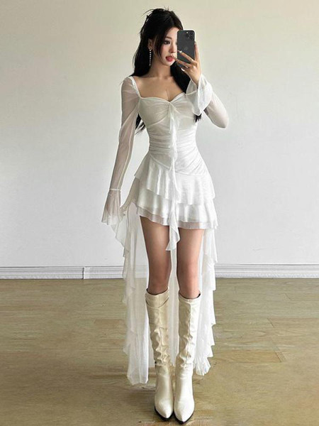 Women Black White Mesh Long Sleeve Ruffle Edge Evening Dress Autumn Fashion Square Neck Slim Sexy Backless Asymmetric Dress Chic