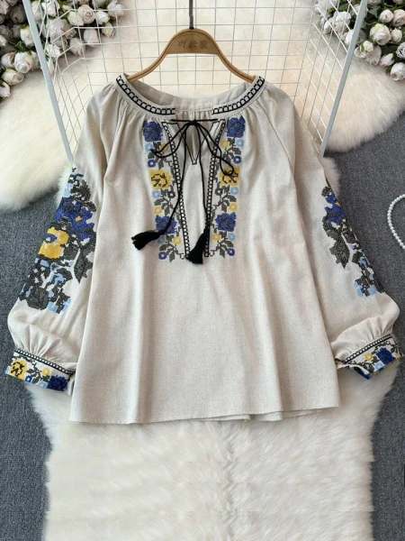 2026 Spring Retro Embroidered Shirt Top Female Lace Up Tassel Loose Lantern Sleeves Ethnic Style Blouse Female A70