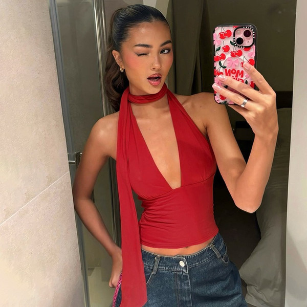 Tuularose Women's Sexy Tank Top Summer Sleeveless Bandage Hollow Hanging Neck Tops New V-Neck High Waist Party Club T-Shirt Tops
