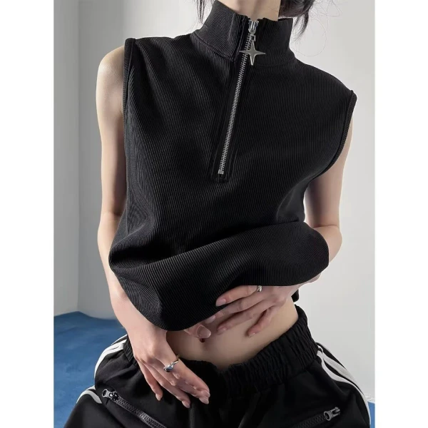 Vintage Stand Neck Zipper T-shirts Sleeveless Tanks Y2k Aesthetic Solid Camisoles Gothic Tank Top Men and Women Harajuku Punk