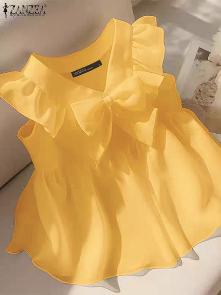 ZANZEA Summer Women Sleeveless Tops Fashion Solid Color Tanks Ruffles Bow Tops Tee Casual Female Camis Streetwear Tunic Blusas