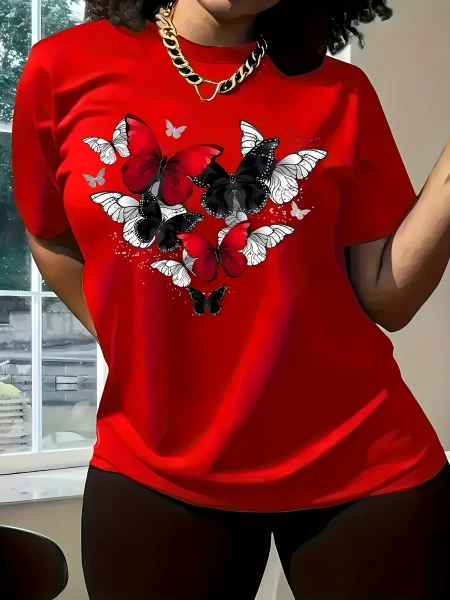 Women's Red Butterfly Heart Print T-Shirt Short Sleeve Round Neck Casual Top for Spring Summer & All-Season Wear