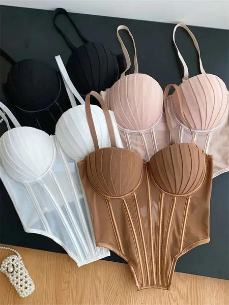 Fashion Solid Corset Lingerie Top Ladies Strap Sheer Mesh Slim Camisole American Retro Backless Beach Sexy Tank Top MQ7W