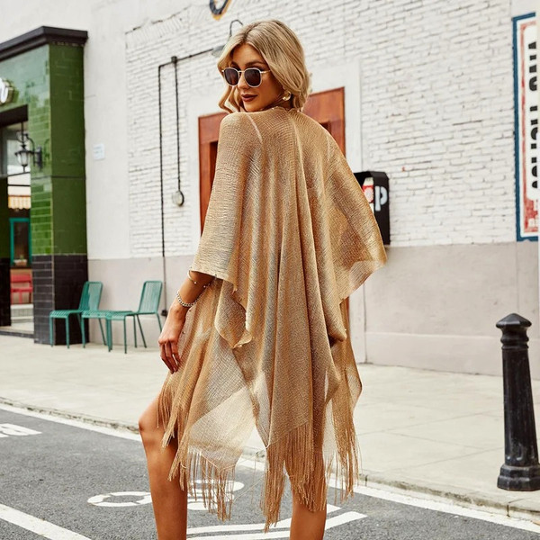 Swimsuit Cover-ups  Fashion Tassel Gold Bikini Beach Cover Up Sexy Beach Dress Tunics for Women Summer Wear See Through