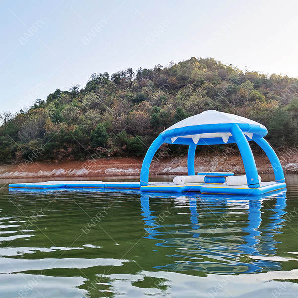 Inflatable Floating Sun Deck Floating Island Lounge Party Leisure Platform Inflatable Floating Party Dock With Tents